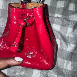 Coach Red Patent Leather Mini Drawstring Bucket Bag/ Wristlet Silver Hardware